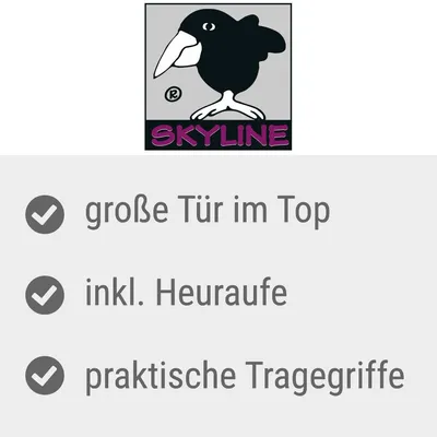 Skyline-Logo. Eigenschaften: grosse Tür im Top, inkl. Heuraufe, praktische Tragegriffe.