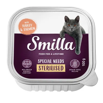 Smilla wet food for sterilised cats, with turkey and salmon, 100g, grain-free recipe, balanced energy content.