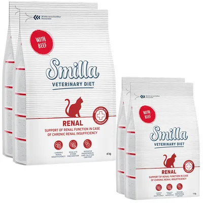 Smilla Veterinary Diet Renal z wołowiną, wsparcie funkcji nerek przy przewlekłej niewydolności, widoczne opakowania 4 kg i 1 kg, tekst w języku angielskim.