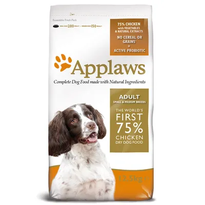 Applaws Adult hondenvoer 12,5 kg; 75% kip met groenten en natuurlijke extracten, geen granen, actieve probiotica. Voor kleine en middelgrote rassen. Tekst in het Engels op verpakking.