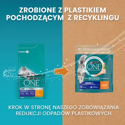 Zrobione z plastikiem pochodzącym z recyklingu. Purina ONE Bifensis Senior 7+ dla kota, zmiana opakowania na bardziej ekologiczne. Krok w stronę redukcji odpadów plastikowych.