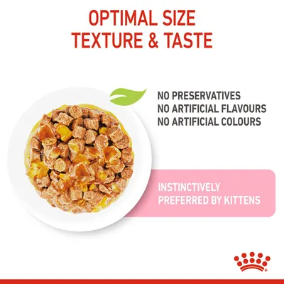 OPTIMAL SIZE TEXTURE & TASTE. NO PRESERVATIVES, NO ARTIFICIAL FLAVOURS, NO ARTIFICIAL COLOURS, INSTINCTIVELY PREFERRED BY KITTENS – tekst w języku angielskim na grafice.