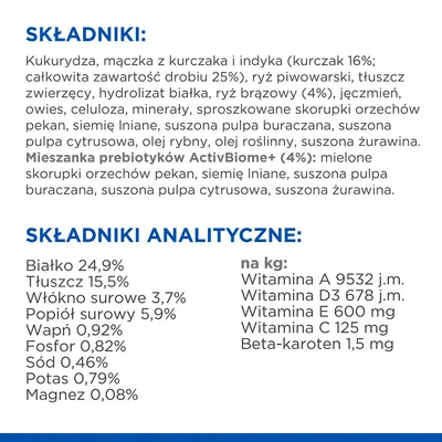 Składniki: kukurydza, mączka z kurczaka i indyka, ryż piwowarski, tłuszcz zwierzęcy, mieszanka prebiotyków ActivBiome+ 4%. Składniki analityczne: białko 24,9%, tłuszcz 15,5%, włókno 3,7%.
