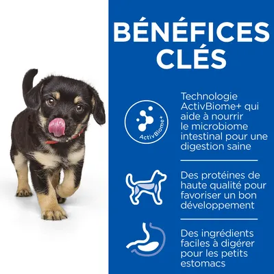 BÉNÉFICES CLÉS : Technologie ActivBiome+ pour le microbiome intestinal, protéines de haute qualité, ingrédients faciles à digérer pour petits estomacs. Texte en français (fr_BE).
