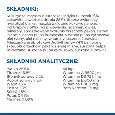 Składniki: kukurydza, mączka z kurczaka i indyka, tłuszcz zwierzęcy, ryż brązowy 4%, mieszanka prebiotyków ActivBiome+ 4%. Analiza: białko 25,6%, tłuszcz 16,8%, błonnik 2,2%, popiół 7,3%.