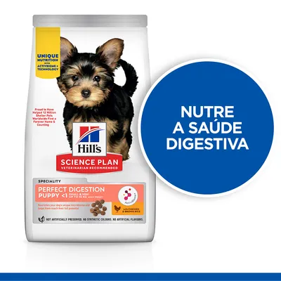 Hill's Science Plan Perfect Digestion Puppy <1 Small & Mini, com frango e arroz integral. Texto visível: Nutre a saúde digestiva. Recomendado por veterinários.