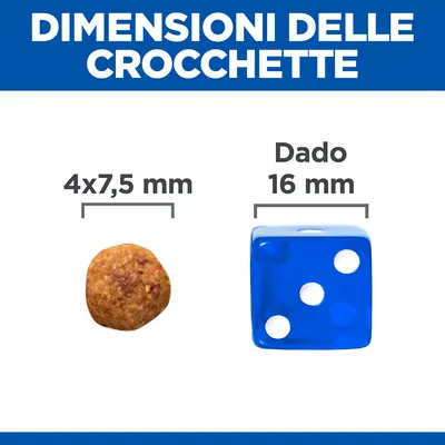 Dimensioni delle crocchette: 4×7,5 mm accanto a un dado blu da 16 mm per confronto visivo.