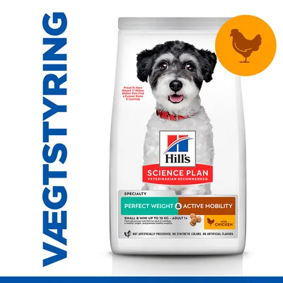 Hill's Science Plan Perfect Weight & Active Mobility hundefoder, SMALL & MINI UP TO 10 KG - ADULT 1+, med kylling. VÆGTSTYRING. Ingen kunstige farver eller smagsstoffer.