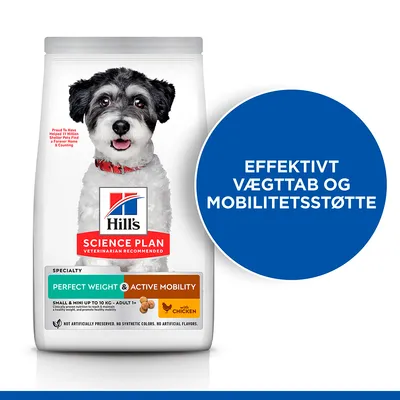 Hill's Science Plan Perfect Weight & Active Mobility hundefoder, med kylling. Tekst: Effektivt vægttab og mobilitetsstøtte. Til små og mini hunde op til 10 kg, adult.