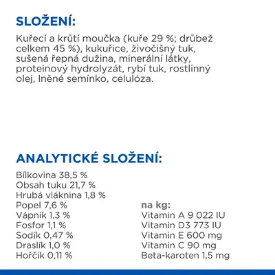 Složení: kuřecí a krůtí moučka, kukuřice, živočišný tuk, sušená řepná dužina, minerální látky, proteinový hydrolyzát, rybí tuk, rostlinný olej, lněné semínko, celulóza. Analytické složení: bílkovina 38,5 %, tuk 21,7 %, vláknina 1,8 %, popel 7,6 %, vápník 1,3 %, fosfor 1,1 %, sodík 0,47 %, draslík 1,0 %, hořčík 0,11 %. Na kg: vitamin A 9 022 IU, D3 773 IU, E 600 mg, C 90 mg, beta-karoten 1,5 mg.