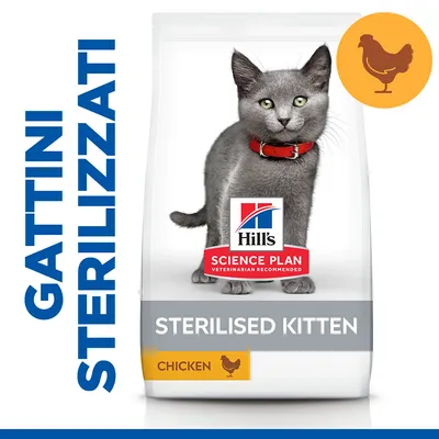 Confezione di Hill's Science Plan Sterilised Kitten, alimento per gattini sterilizzati al pollo. Testo visibile: GATTINI STERILIZZATI, CHICKEN, immagine di un gatto e icona pollo.