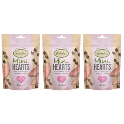 Lot de 3 sachets Lukullus Mini Hearts Puppy Chicken, 75 g chacun. Texte visible : Soft and Meaty Snack Perfect as a Reward. Saveur poulet, friandises en forme de cœur.