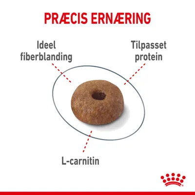 PRÆCIS ERNÆRING, Ideel fiberblanding, Tilpasset protein, L-carnitin. Billede af foderpille med teksthenvisninger til de nævnte egenskaber.