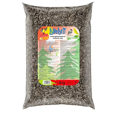 Lillebro sunflower seeds, 10 kg. Packaging with product information and illustrations of birds and fir trees.
