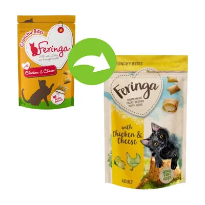 Packaging change from Feringa Crunchy Bites with chicken and cheese to new design. Both packs show product name, flavour, and images of treats.