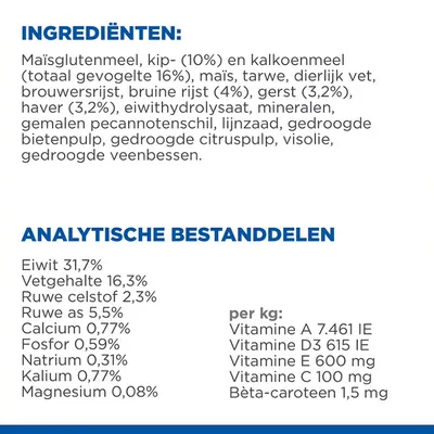 Ingrediënten: maïsglutenmeel, kip- (10%) en kalkoenmeel, maïs, tarwe, dierlijk vet, rijst, gerst, haver, mineralen. Analytische bestanddelen: eiwit 31,7%, vetgehalte 16,3%, vezel 2,3%.