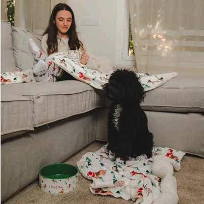 Cão preto sentado numa manta com motivos de Natal ao lado de uma taça verde de comida. Pessoa segura uma chávena e veste roupa a condizer com design natalício.