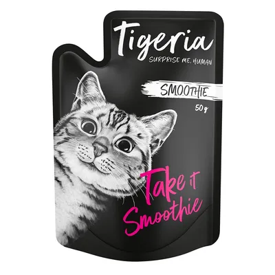 Tigeria Smoothie, 50g. Packaging with cat motif and text: 'Surprise me, human' and 'Take it Smoothie'.
