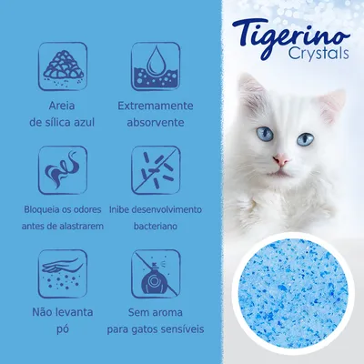 Tigerino Crystals. Areia de sílica azul, extremamente absorvente, bloqueia odores, inibe bactérias, não levanta pó, sem aroma para gatos sensíveis. Amostra visual da areia incluída.