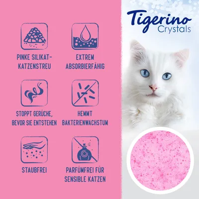 Tigerino Crystals. Pinke Silikat-Katzenstreu, extrem absorbierfähig, stoppt Gerüche, hemmt Bakterienwachstum, staubfrei, parfümfrei für sensible Katzen.