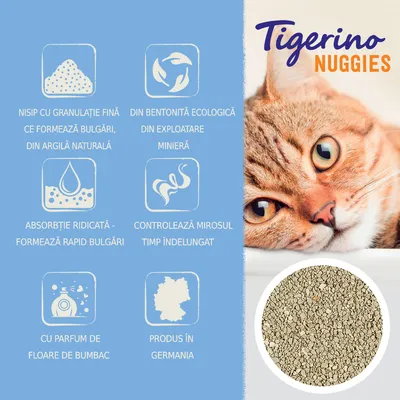Tigerino Nuggies. Nisip cu granulație fină, din bentonită ecologică, absorbție ridicată, controlează mirosul, parfum floare de bumbac, produs în Germania.