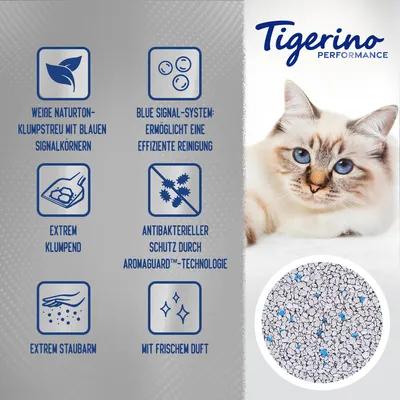 Tigerino Performance Katzenstreu: weisse Naturton-Klumpstreu mit blauen Signalkörnern, extrem klumpend, staubarm, antibakterieller Schutz durch Aromaguard-Technologie, frischer Duft.