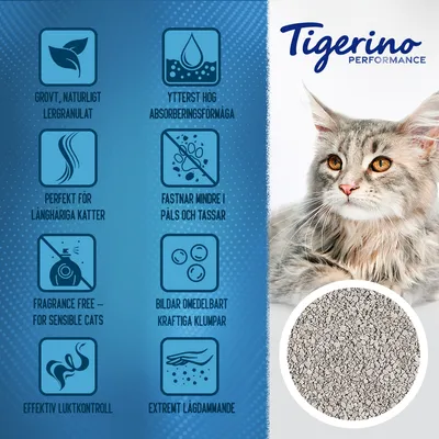 Tigerino Performance. Grovt, naturligt lerganulat, ytterst hög absorptionsförmåga, perfekt för långhåriga katter, fastnar mindre i päls och tassar, fragrance free, effektiv luktkontroll, bildar klumpar, extremt lågdammande.