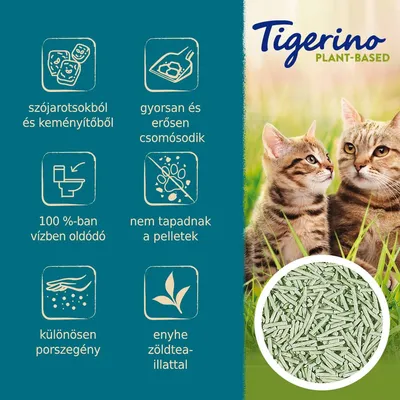 Tigerino Plant-Based. Szójarostokból és keményítőből, gyorsan csomósodik, 100%-ban vízben oldódó, nem tapadnak a pelletek, különösen porszegény, enyhe zöldtea-illattal.