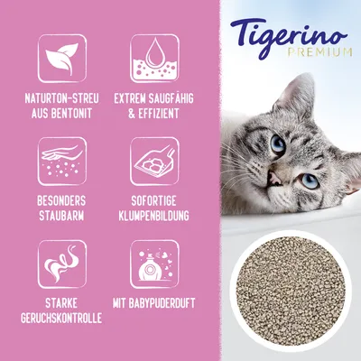 Tigerino Premium Katzenstreu aus Bentonit. Eigenschaften: extrem saugfähig, staubarm, sofortige Klumpenbildung, starke Geruchskontrolle, Babypuderduft.