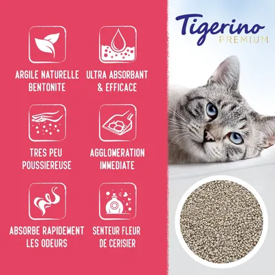 Tigerino Premium. Argile naturelle bentonite, ultra absorbant & efficace, très peu poussiéreuse, agglomération immédiate, absorbe rapidement les odeurs, senteur fleur de cerisier.