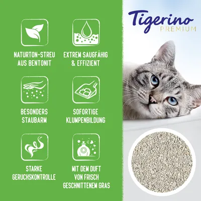 Tigerino Premium Katzenstreu aus Bentonit. Eigenschaften: extrem saugfähig, staubarm, sofortige Klumpenbildung, starke Geruchskontrolle, Duft von frisch geschnittenem Gras.