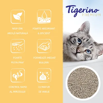 Tigerino Premium. Nisip din argilă naturală, foarte absorbant și eficient, foarte puțin praf, formează imediat bulgări, control rapid al mirosului, cu parfum de vanilie.