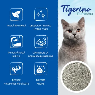 Tigerino Refresher. Argilă naturală, deodorant pentru litiera pisicii, împrospătează nisipul, contribuie la formarea bulgărilor, reduce mirosurile neplăcute, diferite arome.