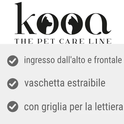 kooa THE PET CARE LINE. ingresso dall'alto e frontale, vaschetta estraibile, con griglia per la lettiera.