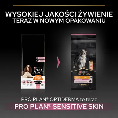 Zmiana opakowania karmy Purina Pro Plan Medium & Large Adult 7+ z Optiderma na Sensitive Skin. Wysokiej jakości żywienie teraz w nowym opakowaniu.