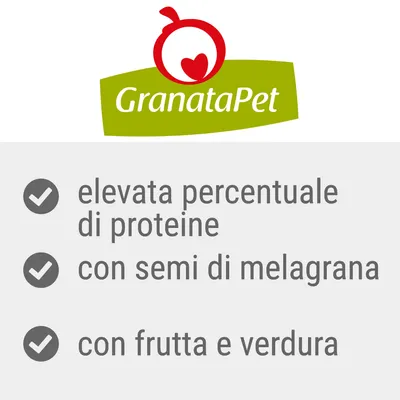 GranataPet: elevata percentuale di proteine, con semi di melagrana, con frutta e verdura