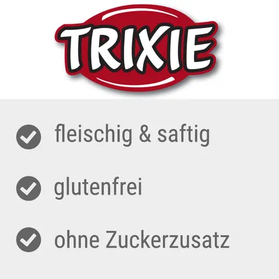TRIXIE, fleischig & saftig, glutenfrei, ohne Zuckerzusatz. Tekst på tysk om produktets egenskaber.