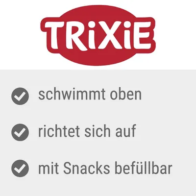 Trixie. schwimmt oben, richtet sich auf, mit Snacks befüllbar. Texte en allemand.