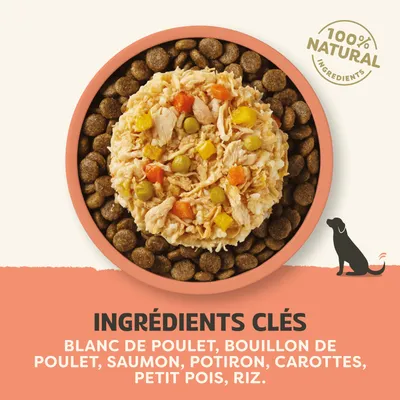 100 % ingrédients naturels. Ingrédients principaux : filet de poulet, bouillon de poulet, saumon, potiron, carottes, pois, riz. 100 % ingrédients naturels. Ingrédients principaux : filet de poulet, bouillon de poulet, saumon, potiron, carottes, pois, riz.