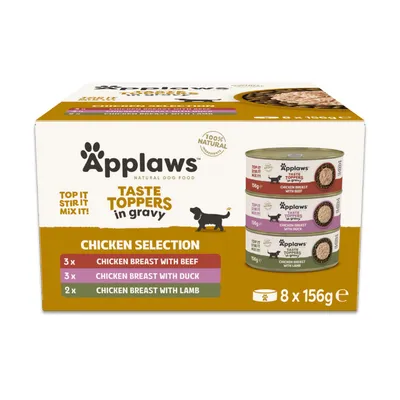 Applaws Taste Toppers v omaki Izbor piščanca, 8 x 156 g: 3x piščančje prsi z govedino, 3x piščančje prsi z račko, 2x piščančje prsi z jagnjetino. 100% naravno.