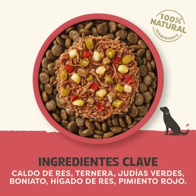 100% ingredientes naturales. Ingredientes principales: caldo de res, carne de res, judías verdes, batata, hígado de res, pimiento rojo.