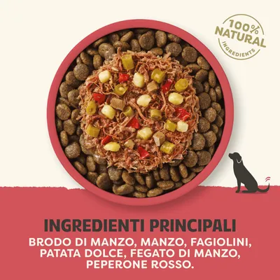 100% componenti naturali. Componenti principali: brodo di manzo, carne di manzo, fagiolini verdi, patata dolce, fegato di manzo, peperone rosso. 100% componenti naturali. Componenti principali: brodo di manzo, carne di manzo, fagiolini verdi, patata dolce, fegato di manzo, peperone rosso.