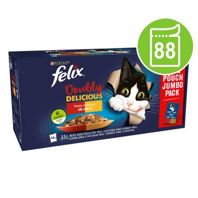 Purina felix Doubly Delicious Meaty Selection in Jelly, 88 pouch jumbo pack. No colourants. 44x 11g beef and poultry mix, chicken and kidney mix, lamb and chicken mix, turkey and liver mix.