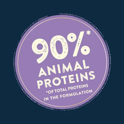 Badge stating 90% animal proteins of total proteins in the formulation.