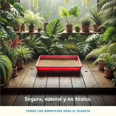 Bandeja de arena para gatos con lecho vegetal, rodeada de plantas en macetas. Texto visible: 'Segura, natural y no tóxica. Todos los beneficios para el planeta'.