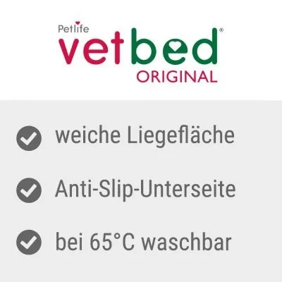 Petlife Vetbed Original: zacht ligoppervlak, antislip-onderzijde, wasbaar op 65°C.