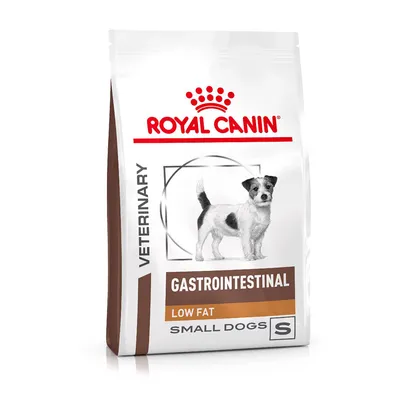 Bag labelled veterinary gastrointestinal low fat small dogs, with an image of a small dog and the letter S visible on the packaging.