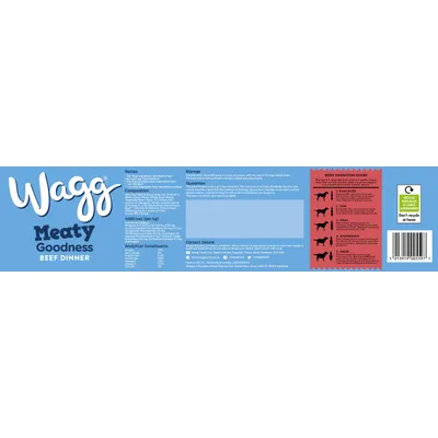 Wagg Meaty Goodness Beef Dinner label showing recipe, composition, additives, analytical constituents, storage advice, guarantee, contact details, body condition score guide, and recycling info.