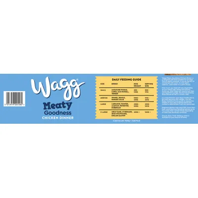 Wagg Meaty Goodness Chicken Dinner daily feeding guide showing recommended serving sizes by dog size and weight, with calorie content per 100g listed as 338 Kcal.