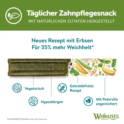 Täglicher Zahnpflegesnack mit natürlichen Zutaten. Neues Rezept mit Erbsen für 35% mehr Weichheit. Vegetarisch, getreidefreies Rezept, hypoallergen, mit Petersilie angereichert.